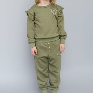 Jessica Simpson Sweatsuit Kids Size 3T Olive Green Jogger Ruffled Smiley Face